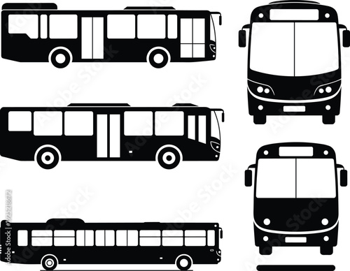 Vector set of city bus silhouettes featuring side and front views for urban transportation planning, cad drawing flat vector illustration, public transit.