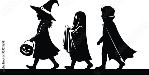 Three children in halloween costumes walking together