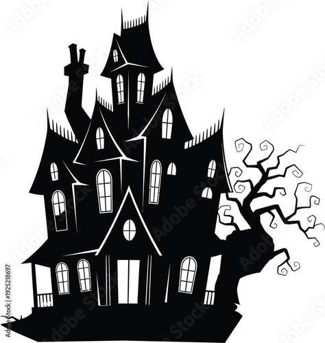 Spooky victorian haunted house with turrets and a twisted tree