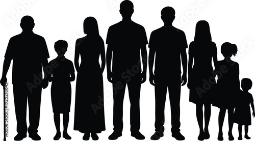 Multi Generation Family Silhouette with Grandparents, Parents and Children Standing Together, Love, Support and Unity Concept Isolated on White Background