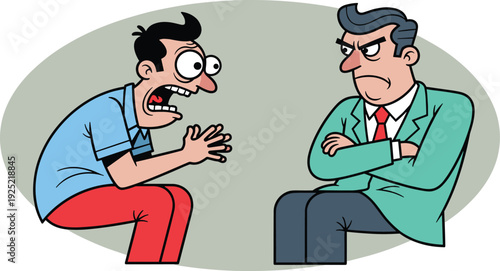 Frustrated employee yelling at angry boss during intense meeting in office cartoon flat vector illustration