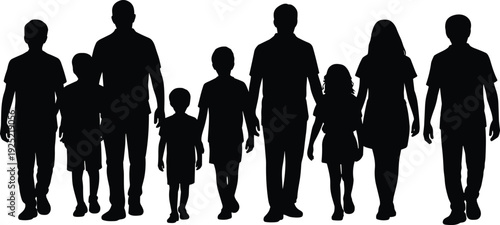 Group of Children and Parents Walking Silhouettes, Big Family and Community Togetherness Concept, Love, Support and Unity Isolated on White Background