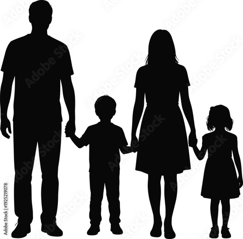 Family Silhouette Standing Together, Parents Holding Son and Daughter Hands, Love, Unity and Parenthood Concept Isolated on White Background