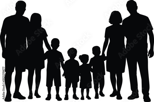 Two Families Silhouette Standing Together with Children, Parents and Kids Unity, Community, Love and Support Concept Isolated on White Background