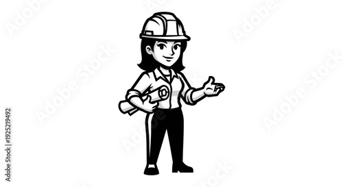 Female Engineer Cartoon Character Wearing Hard Hat.