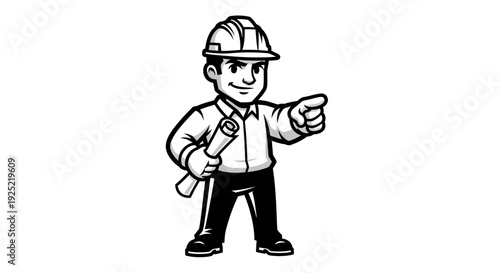 Cartoon Builder Wearing Hard Hat Pointing.