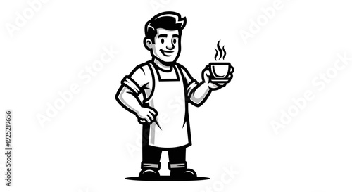 Cartoon Barista Holding Hot Coffee Cup.