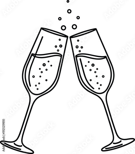 Champagne glasses clinking celebration line art icon sparkling wine toast party drink festive vector illustration isolated design