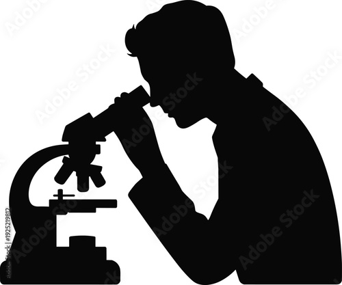 Scientist Silhouette Looking Through Microscope, Laboratory Research and Scientific Discovery Concept Isolated on White Background