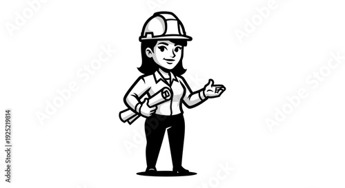 Female Engineer Cartoon Character with Hard Hat.