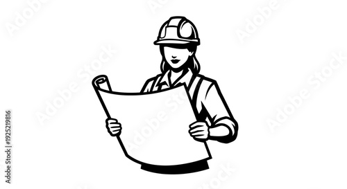 Female Engineer Holding Blueprint in Hard Hat.