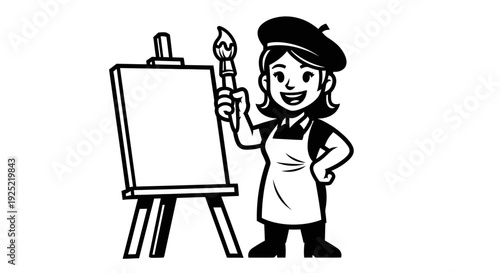 Female Cartoon Artist with Paintbrush and Easel.