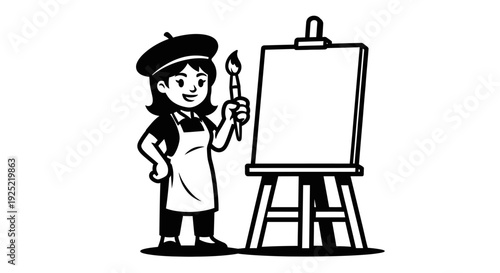 Cartoon Artist Painting on Easel with Brush.