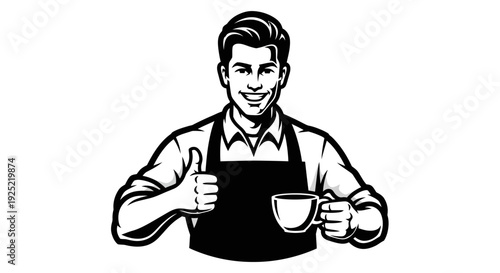Smiling Barista Holding Coffee Cup Thumbs Up.