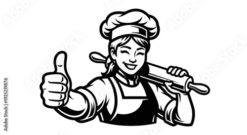Female Chef with Rolling Pin and Thumbs Up.