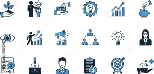 Professional Business Growth Icon Set Featuring Financial Planning Investment Strategies Success Charts Marketing Tools And Leadership Management Elements For Corporate Development