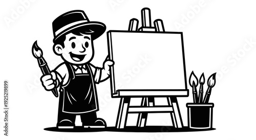 Cartoon Artist with Paintbrushes and Easel.
