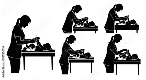 Mother Changing Baby Diaper Steps Silhouette Illustration Set, Mom Caring for Newborn on Changing Table, Infant Hygiene and Parenting Care Process Concept
