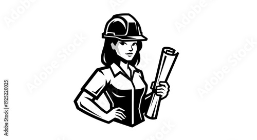 Female Engineer Holding Blueprint and Hard Hat.