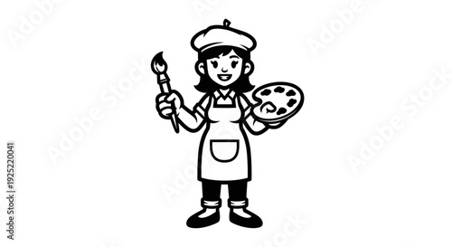 Cartoon Female Artist with Paintbrush and Palette.