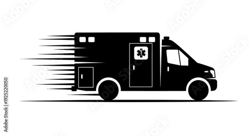 Fast Moving Ambulance Silhouette Illustration, Emergency Medical Service Vehicle with Speed Motion Lines, Hospital Rescue Transport Concept, Healthcare Emergency Response Icon