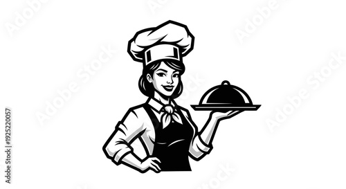 Smiling Waitress Holding Serving Tray with Clocher.