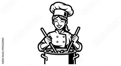 Female Chef Cooking with Utensils in Kitchen.