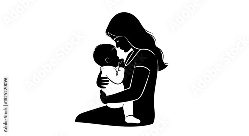Mother Hugging Baby Silhouette Illustration, Loving Mom Holding Newborn Infant Close, Maternal Affection and Motherhood Bond Concept, Minimal Black Parenting Care Graphic
