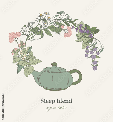 Hand drawn circular wreath, sleep tea herbs