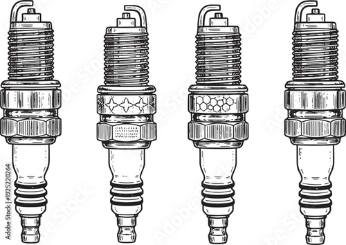 Black and white vector line art illustration of four diverse automotive spark plugs with detailed vintage engraving for car repair shop branding and mechanics