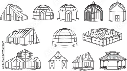 Black vector line art set of glass greenhouses conservatories and garden gazebos for horticulture architecture backyard landscaping and outdoor nursery branding design,