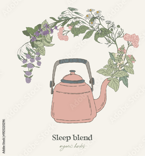 Hand drawn circular wreath, sleep tea herbs