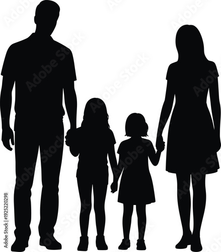 Family Silhouette with Parents and Two Daughters Holding Hands, Loving Mother and Father with Children Togetherness Concept Isolated on White Background