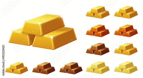 Illustration of various gold bars and bullion in different sizes and colors, including shiny gold bars, stacked gold bricks, and golden ingots, conveying a luxury gold investment and wealth