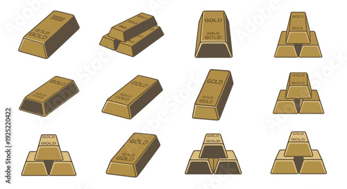 Illustration of various gold bars and bullion in different orientations and stacks, conveying a concept of wealth and investment with a metallic shine on a white background.