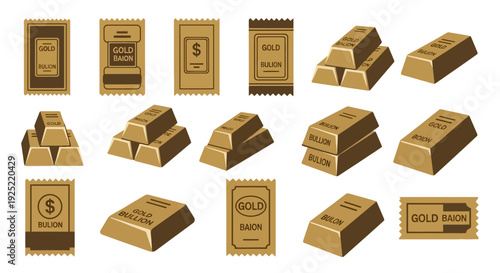 Illustration of various gold bars and bullion in different shapes and sizes, including stacked gold bars vector, gold ingot icon, and shiny gold bar graphic, against a clean white
