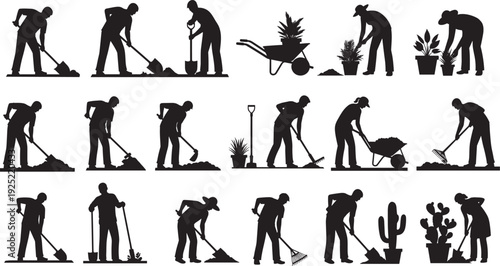 Black vector silhouette set of eighteen diverse gardeners and farmers digging with shovels raking soil pushing wheelbarrows and planting flowers for landscaping branding
