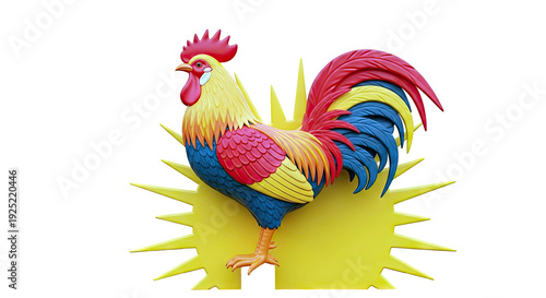 Stylized Rooster with Red, Yellow, and Teal Feathers
