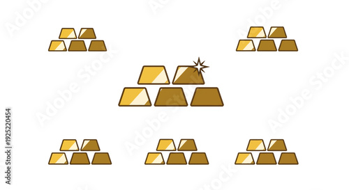 Illustration of multiple shiny gold bars and bullion stacks in a flat design, conveying a gold investment concept with golden bricks and treasure, against a clean white background.