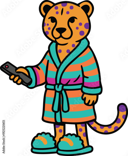 Lazy Cheetah Wearing a Bathrobe Holding a TV Remote
