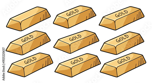 Illustration of stacked gold bars with a golden wealth concept, showcasing shiny gold bullion and investment gold reserves in a flat design.