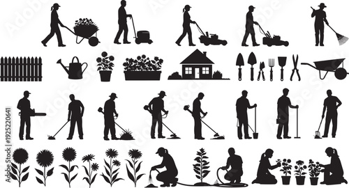 Black vector silhouette set of gardeners mowing lawns planting flowers and using yard tools for professional landscaping maintenance and garden service branding, cad drawing flat vector illustration