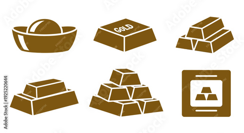 Illustration of various gold bar icons and bullion stacks in a minimalist style with a metallic sheen on a clean white background.