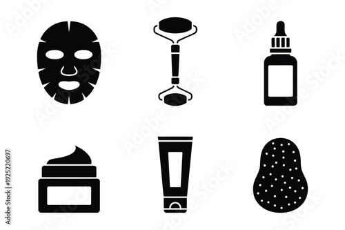 Skincare Icons: Face Mask, Roller, Serum, Cream, Tube, Sponges