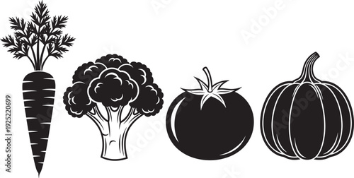 Black vector silhouette set of organic vegetables including carrot broccoli tomato and pumpkin for healthy eating grocery branding and garden harvest agriculture,