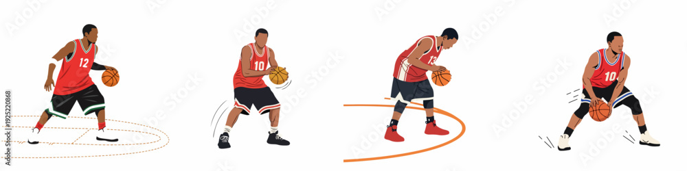 Fototapeta premium Dynamic vector illustrations of male basketball players dribbling the ball in various action poses.