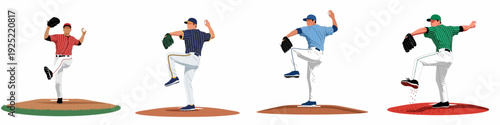 Foto Four diverse baseball pitchers in action, demonstrating various throwing motions and uniforms, isolated on a white background, representing the dynamic sport