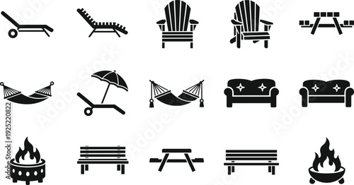 Black vector silhouette set of outdoor garden furniture including lounge chairs hammocks picnic tables benches and fire pits for backyard patio branding, cad drawing flat vector illustration