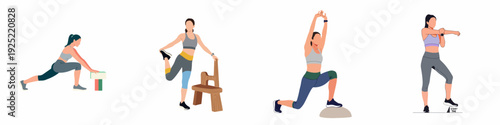 Women performing diverse fitness stretches, including lunges with elevated supports and arm extensions, demonstrating warm-up and cool-down exercises for a healthy, active lifestyle.