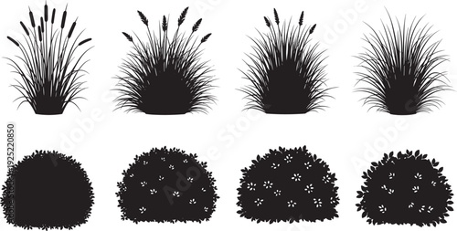 Black vector silhouette set of ornamental shrubs bushes and tall cattail grasses for landscaping backyard greenery nature park and outdoor environment branding design,
